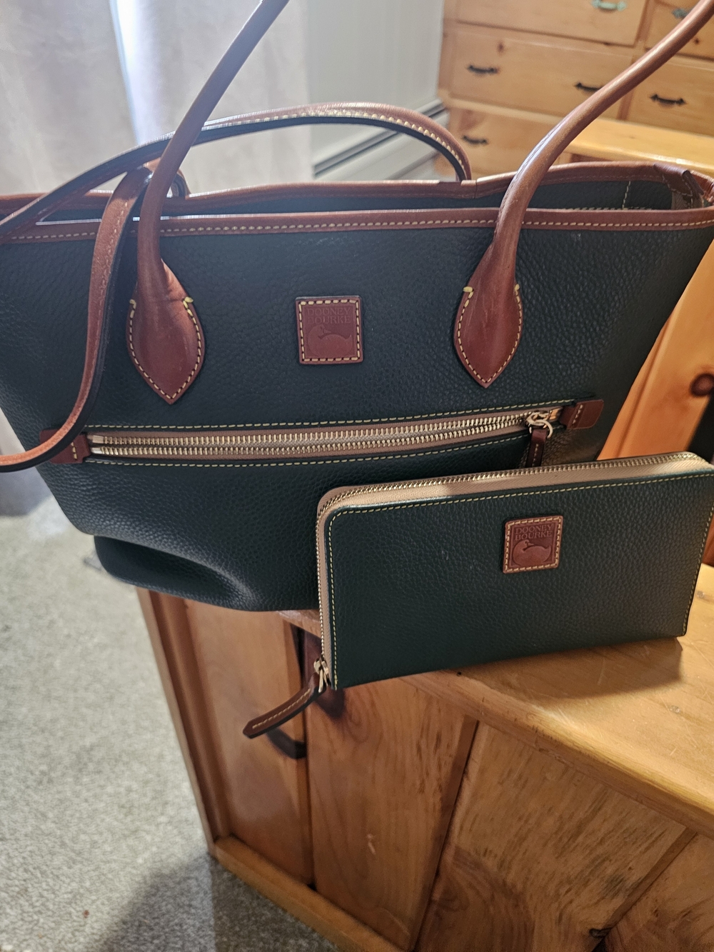 Dooney & Bourke Dark Green Pebbled Tote with Brown Trim and Matching Wallet